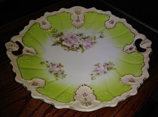 Antique Victorian Cake Plate Pink Roses Embossed Shells Beads Pierced Handles Ex