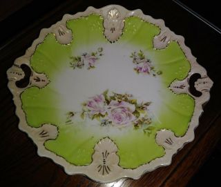 Antique Victorian Cake Plate Pink Roses Embossed Shells Beads Pierced Handles EX 2
