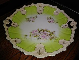 Antique Victorian Cake Plate Pink Roses Embossed Shells Beads Pierced Handles EX 3