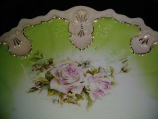 Antique Victorian Cake Plate Pink Roses Embossed Shells Beads Pierced Handles EX 5