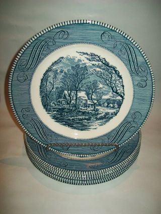 6 Vintage Currier & Ives Blue Old Grist Mill Royal China 10 " Dinner Plates