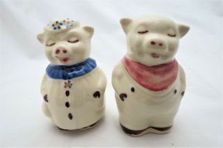 Vintage Shawnee Winnie And Smiley 3 " Salt And Pepper Shakers - Blue & Red Trim
