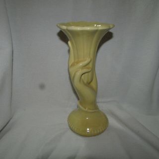 Signed Usa Yellow Ceramic Pottery Hand W/flower Vase,  Morning Glory