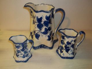 Set Of 3 Cash Family Pottery Pitchers Blue Leaves Blue Trim On White