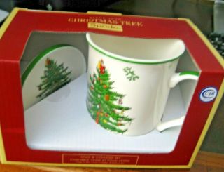 Pretty Spode Mug And Coaster Set With Christmas Tree Design -