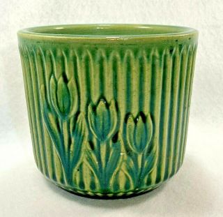 Brush Mccoy Pottery " Tulips " Flower Pot Planter 266 In Green Glaze 4.  5 "