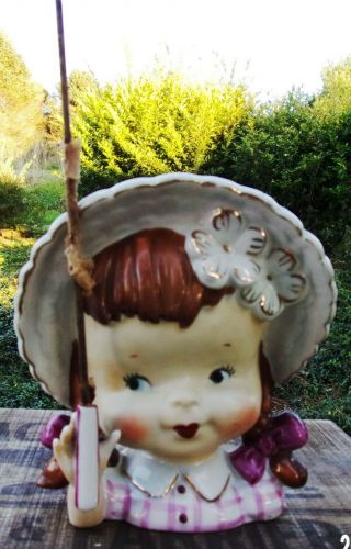 Vintage Girl Wall Vase Planter Country Pigtails Bows Japan 1950 