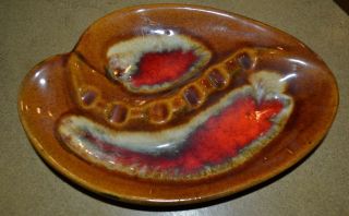 Vintage Ceramic Drip Glaze Brown With Yellow And Red Swirl Ashtray 8 " X 5 1/2 "