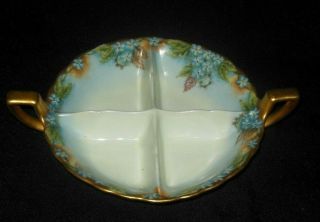 Antique Hand Painted Gold Handles Four Section Bowl Blue Forget Me Knot Flowers