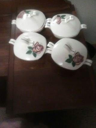 Vtg Red Wing Pottery Lexington Rose Set Of 4 Soup Bowls With Handles And Lid