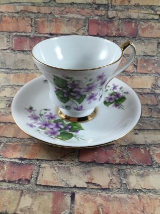 Coronation Tea Cup And Saucer Bone China England Purple Violets & Gold Trim