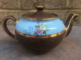 Vintage Sadler England Small Brown Blue Gold Trim Floral Teapot