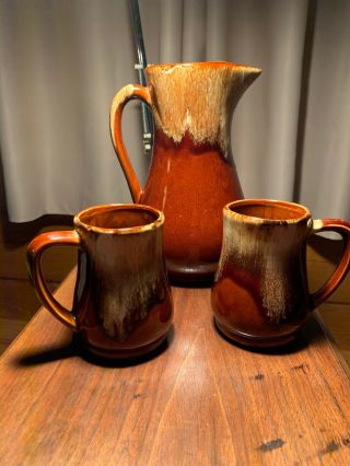 R R P Co Brown Drip 9 3/4” Tall Pitcher Roseville Pottery,  2 Mugs 4 3/4” Tall