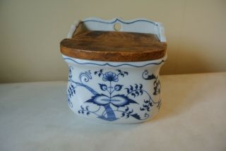 Vintage Blue Danube Wall Mount Salt Box Wooden Lid Blue Onion Blue Floral
