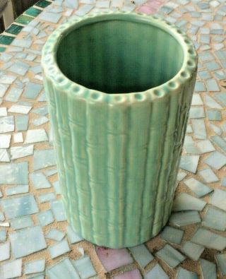 Vintage Turquoise Pottery Bamboo Pattern Flower Vase (8 " High) Stamped Usa