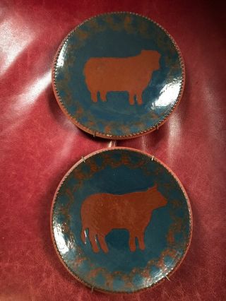 Classic Pair 1984 Ned Foltz Pottery Cow Plate Coggle Edge Pennsylvania Redware