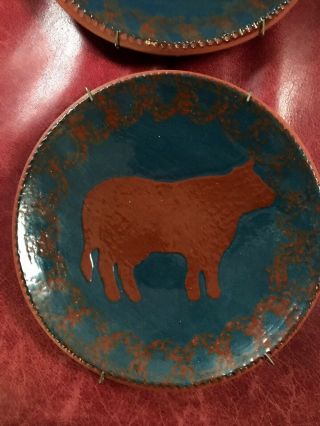 Classic Pair 1984 NED FOLTZ Pottery COW Plate Coggle Edge Pennsylvania Redware 2