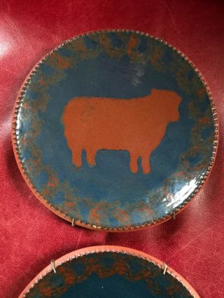 Classic Pair 1984 NED FOLTZ Pottery COW Plate Coggle Edge Pennsylvania Redware 3