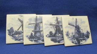 Set Of 4 Delft Hand Painted Blue & White Art Pottery Tile Coasters - Holland