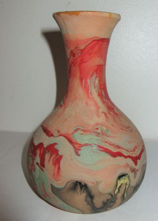 Vtg Nemadji Pottery Vase Urn Pot Red Darker Tan With Red Black Orange Blue 6 "