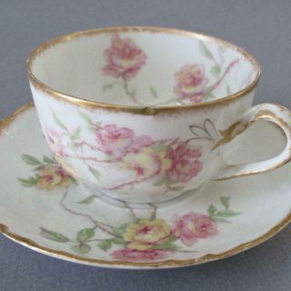 Antique Haviland Porcelain Cup,  Saucer Baltimore Rose Pink Roses W Gilt Trim