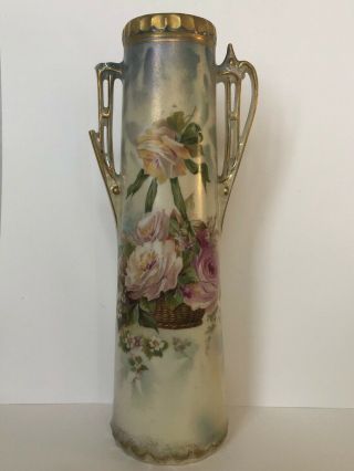 Antique 8” Porcelain Rs Prussia Hand Painted Floral Vase