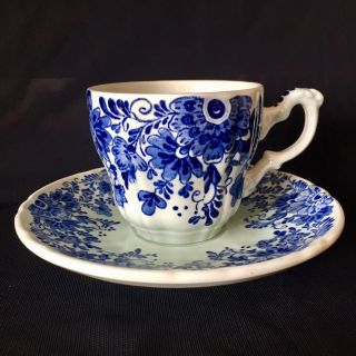 Boch Delfts Hand Painted Blue Faience Floral Teacup & Saucer