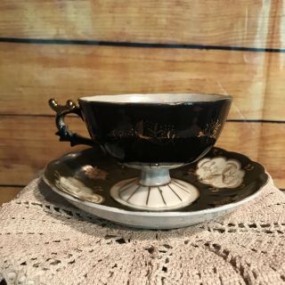 Lefton China Vintage Black Gold Gilded Tea Cup Saucer Japan