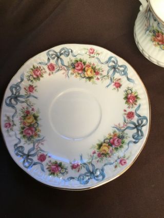 Queens Rosina ' Roses & Bows ' Footed Tea Cup & Saucer Set 4