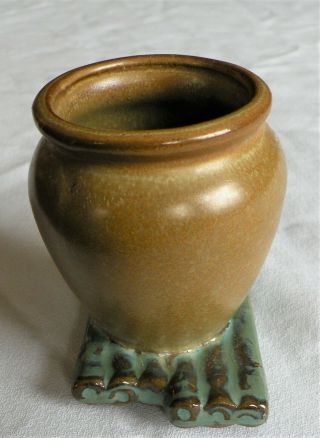 Miniature Red Clay Pottery Urn Or Jug On Unusual Base - Mustard Glaze - 3 & 3/4 "