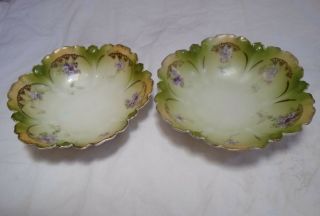 Set Of Two R S Prussia Molded Scalloped Bowls W/purple Flowers 5 "