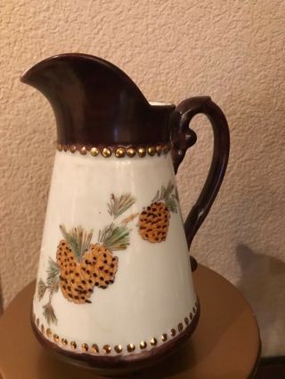 Vintage Porcelain Pitcher Hand Painted Pine Cones Pinecones