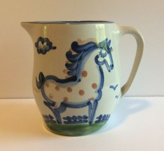 Vintage M.  A.  Hadley Art Pottery Country Horse Pitcher Jug - 5 " - Blue - The End - 24 Oz