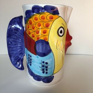 Iced Tea Or Lemonade Pitcher Italy Vietri Desuir Painted Pottery Kissing Fish