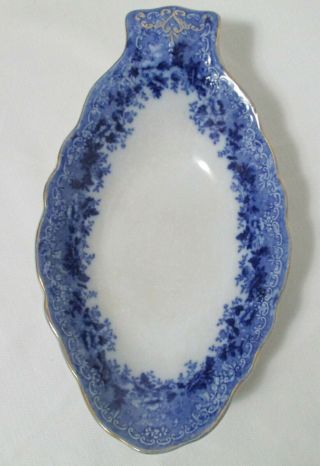 Antique Dundee Ridgways Flow Blue Oval Relish Dish,  Semi Porcelain,  Crazing