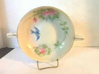 Antique Porcelain Hand Painted Handled Candy Nut Dish Bluebird & Roses