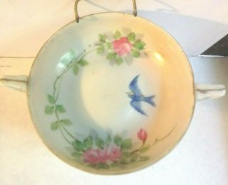 Antique Porcelain Hand Painted Handled Candy Nut Dish Bluebird & Roses 3