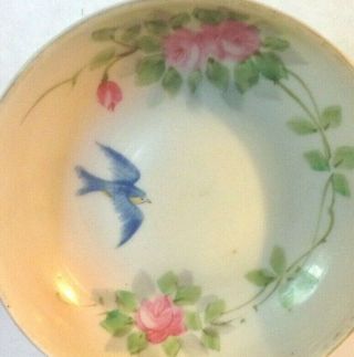 Antique Porcelain Hand Painted Handled Candy Nut Dish Bluebird & Roses 4
