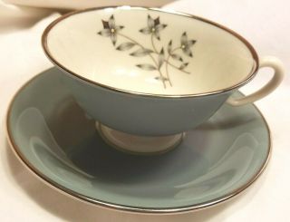 Kingsley By Lenox Footed Cup & Saucer Blue White Floral Design Silver X445