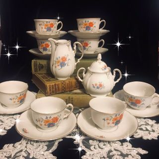 Vintage 1940s Gkc Germany Us Zone 19 Pc Tea Set Cup Creamer Sugar Bowl W/ Lid