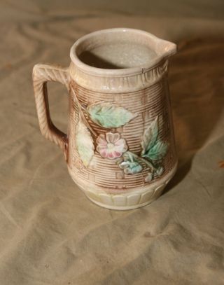 Antique Majolica Pottery Creamer w Dogwood Blossom over Basket Weave 5.  5 