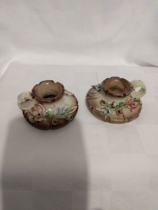 Italian Hand - Crafted Floral Capodimonte Candle Holders