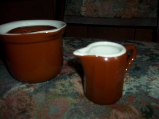 Vintage Brown Stoneware Hall Sugar Bowl 471 And Creamer Made Usa