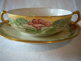 Vintage Limoges 2 Handled Soup & Saucer W Art Nouveau Floral Decoration