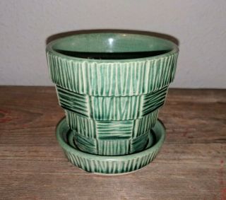 Vintage Mccoy Green Basket Weave Small Planter Usa Saucer 3 " Pottery Ceramic