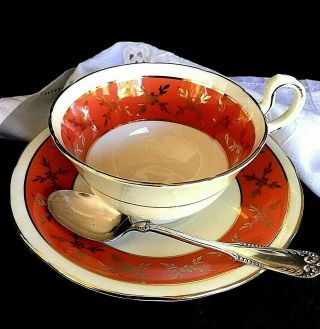 English Teacup And Saucer By Aynsley/ Coral And Gold British Bone China