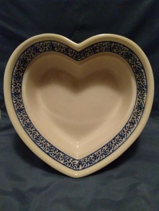 Boleslawiec Polish Pottery Heart Blue Evergreen Pine Trees Bowl 8 "