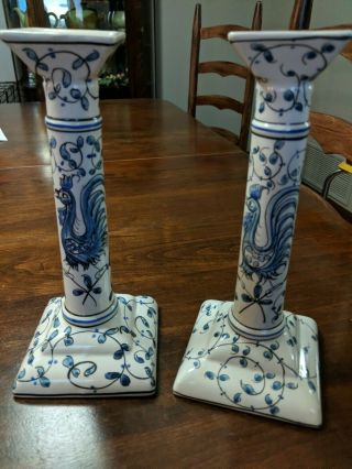Vintage Anfora Agueda Hand - Painted Portugal Blue Rooster 2 Candle Sticks Silva