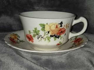 Mid Century Homer Laughlin Yellow Rose And Red Poppy Teacup And Saucer Set