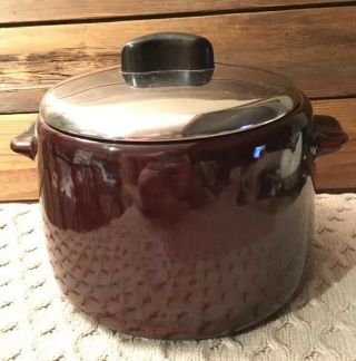 Vintage West Bend Brown Glaze Stoneware Bean Pot With Metal Lid